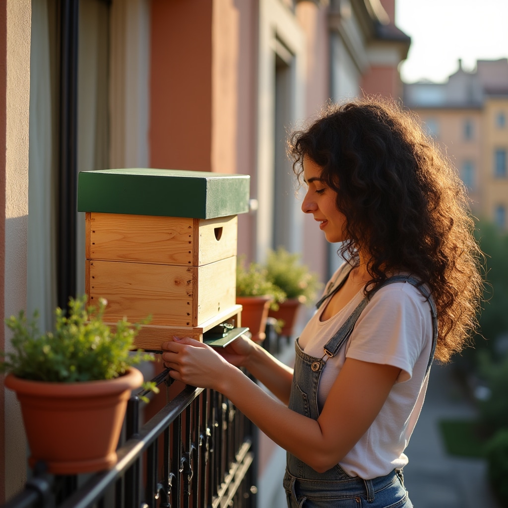 Installazione di arnia compatta su balcone con ringhiera e piante in vaso